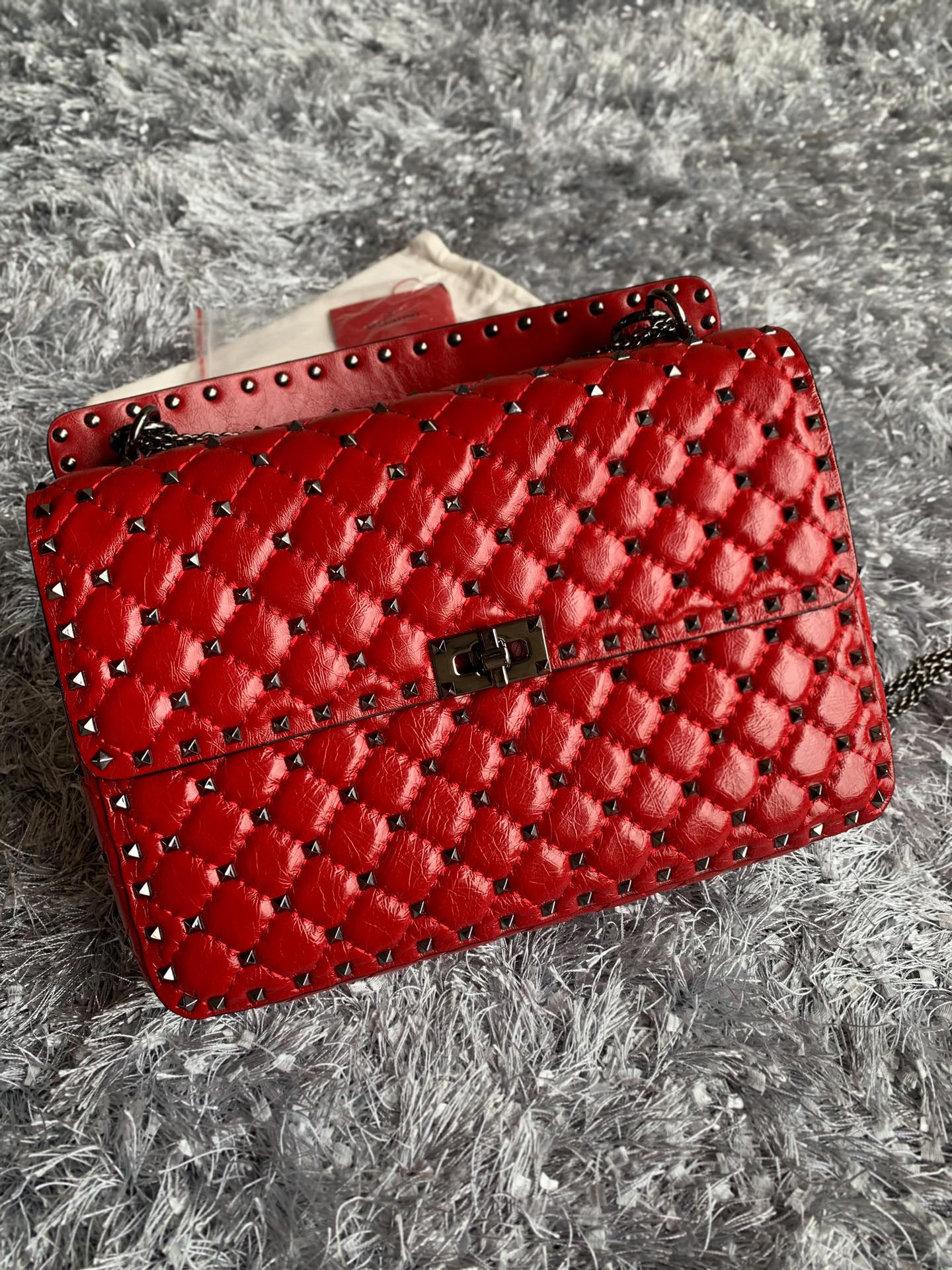 Valentino Garavani Rockstud Spike Big Chain Bag in Red Supple Lambskin Nappa